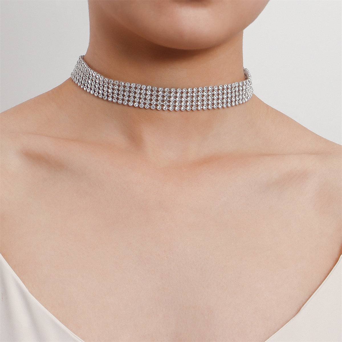 Cubic Zirconia & Silvertone Strand Choker Necklace