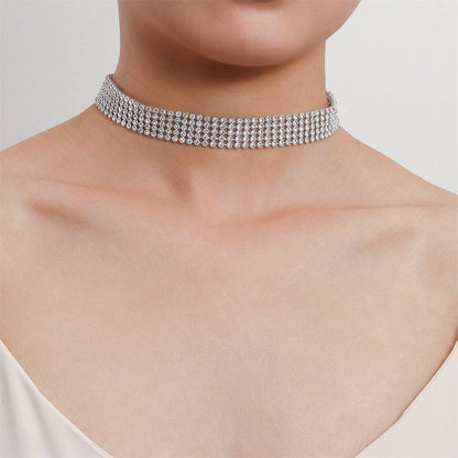 Cubic Zirconia & Silvertone Strand Choker Necklace