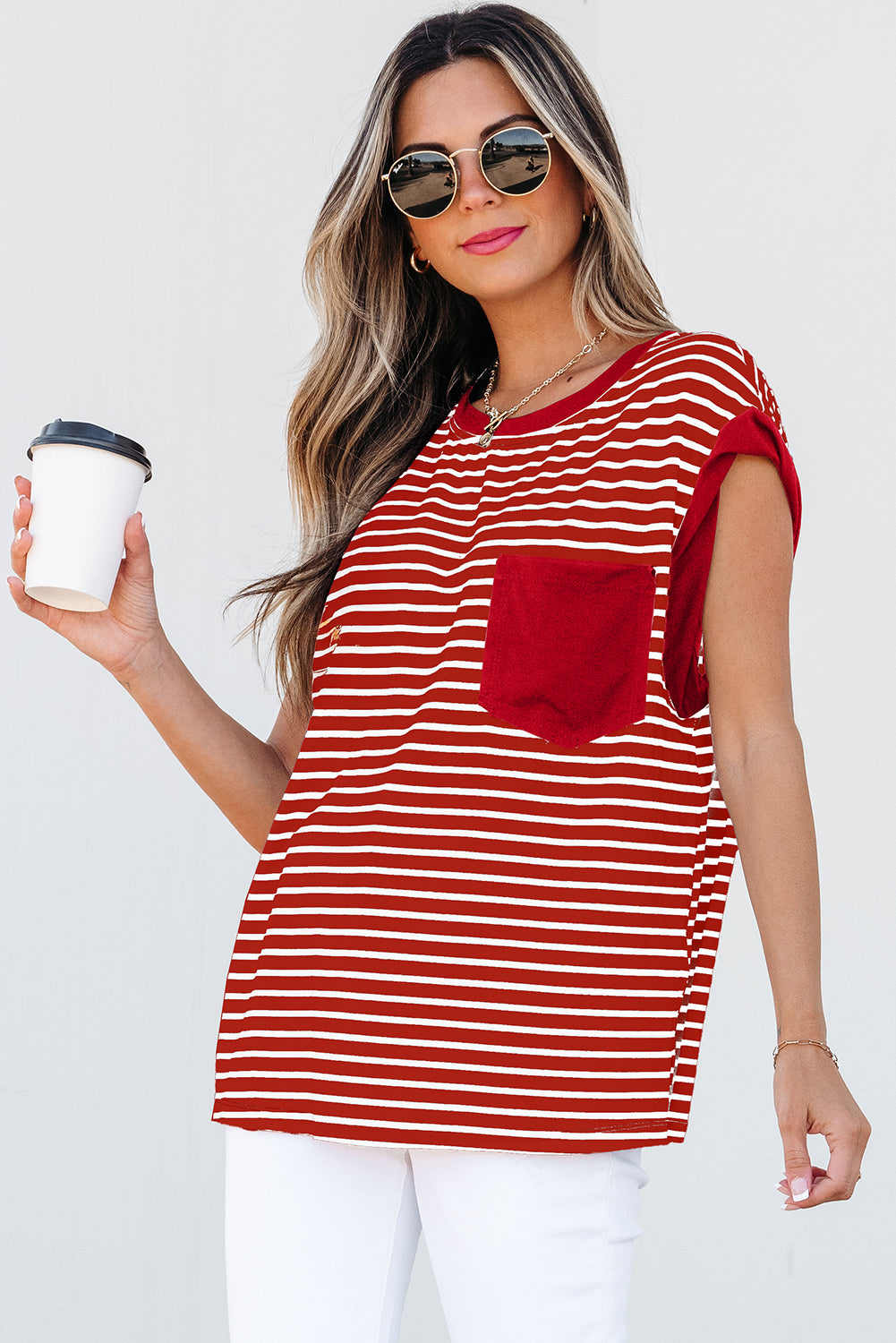 Threaded Pear Annika Stripe Round Neck Tank Top