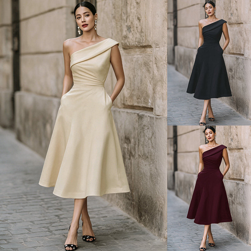 Women's Off-Shoulder Swing Dress – Solid Color Flowy Midi