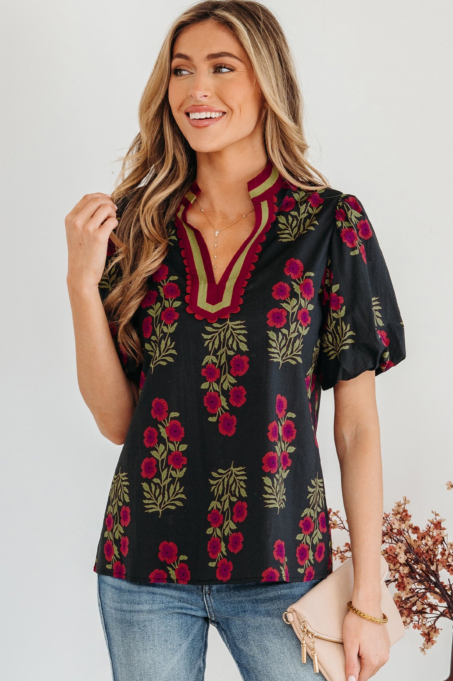Threaded Pear Zoe Contrast Slit Neckline Blouse