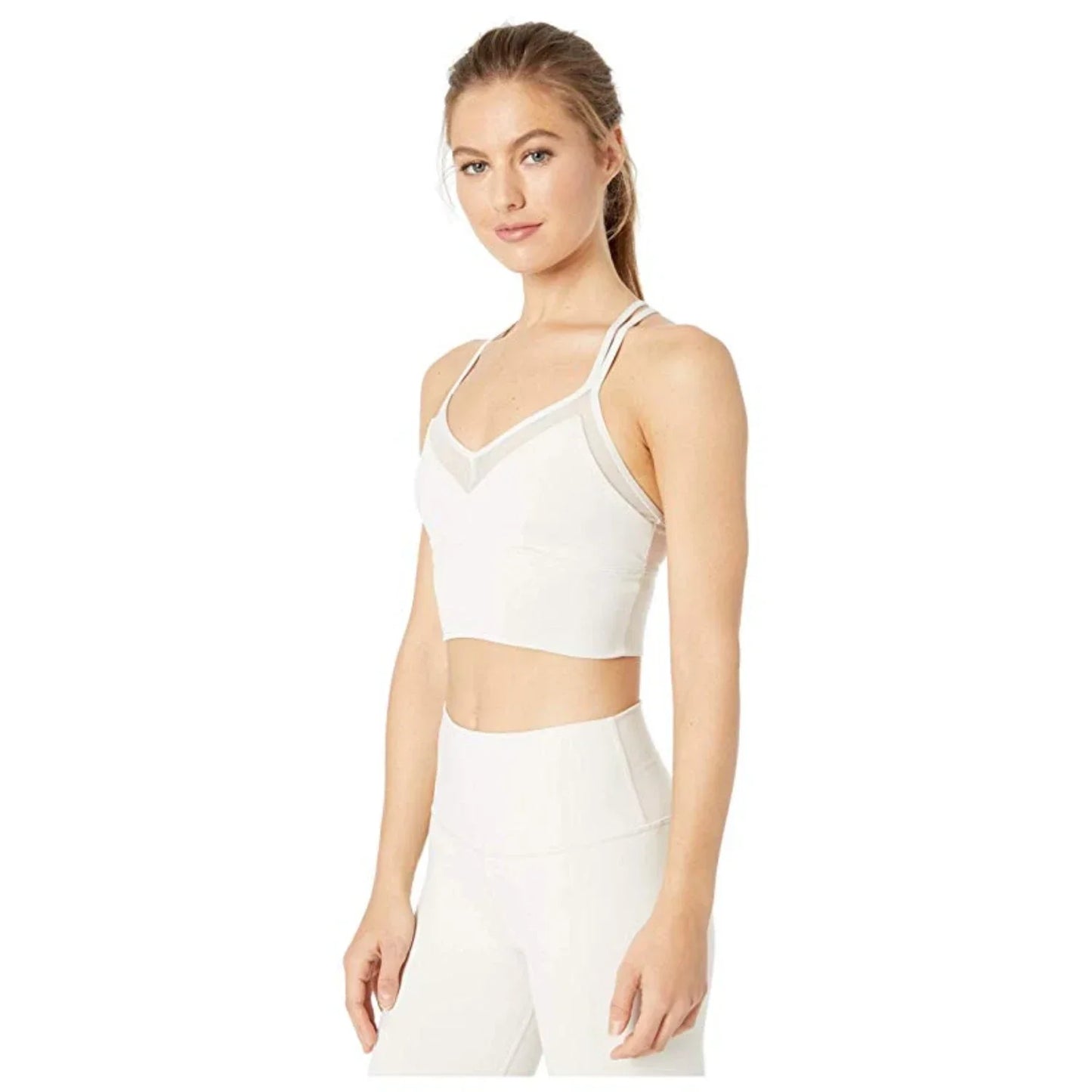 Alo Yoga Sneak Long Sports Stretch Crisscross Back Performance Women's Sports Bra — Bone
