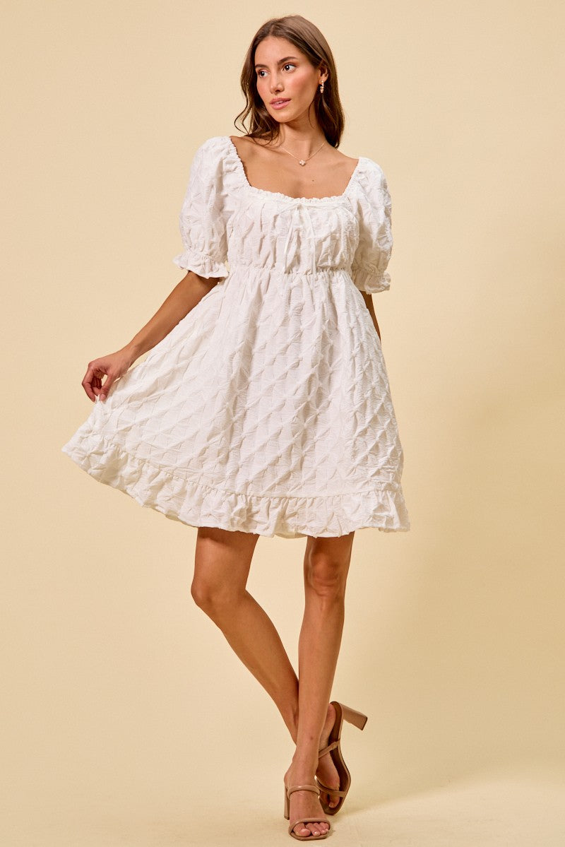 SO ME Texture Woven Ruching On Bust Mini Dress in White
