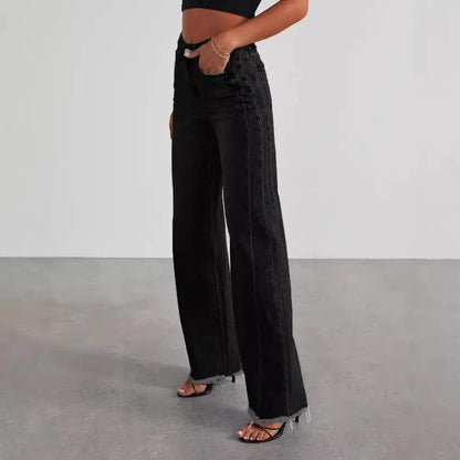 Mandotos Fashion High Waist Jeans With Pockets Slim Fit Straight Wide Leg Denim Pants
