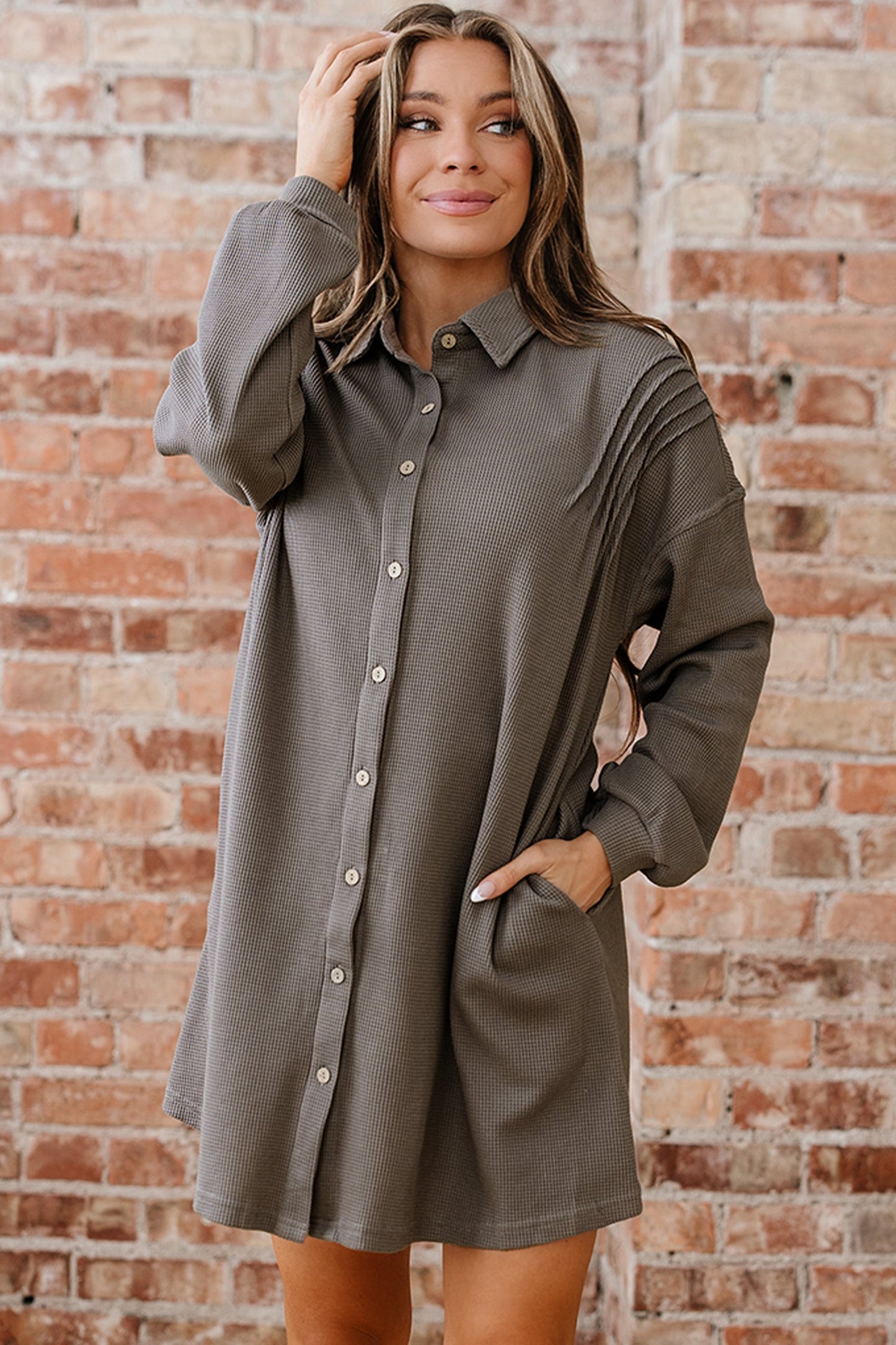 Threaded Pear Viviana Taupe Waffle Knit Shirt