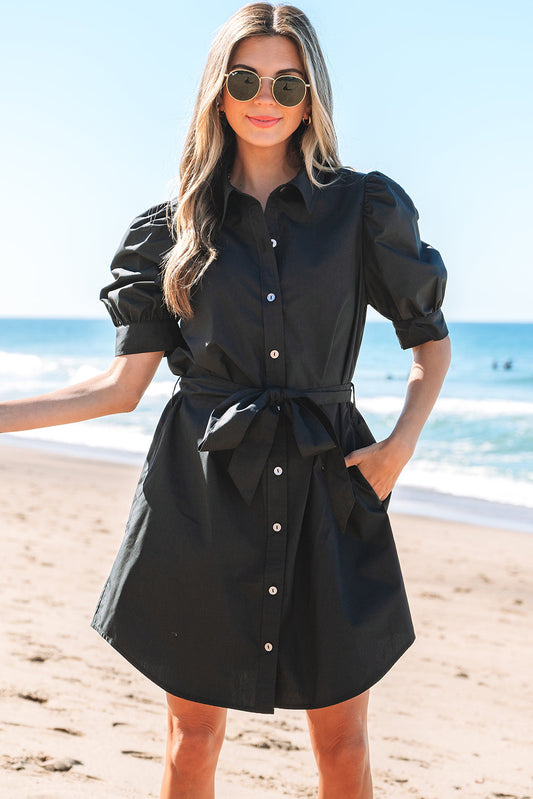 Threaded Pear Malaya Button Up Tie Waist Puff Sleeve Mini Dress