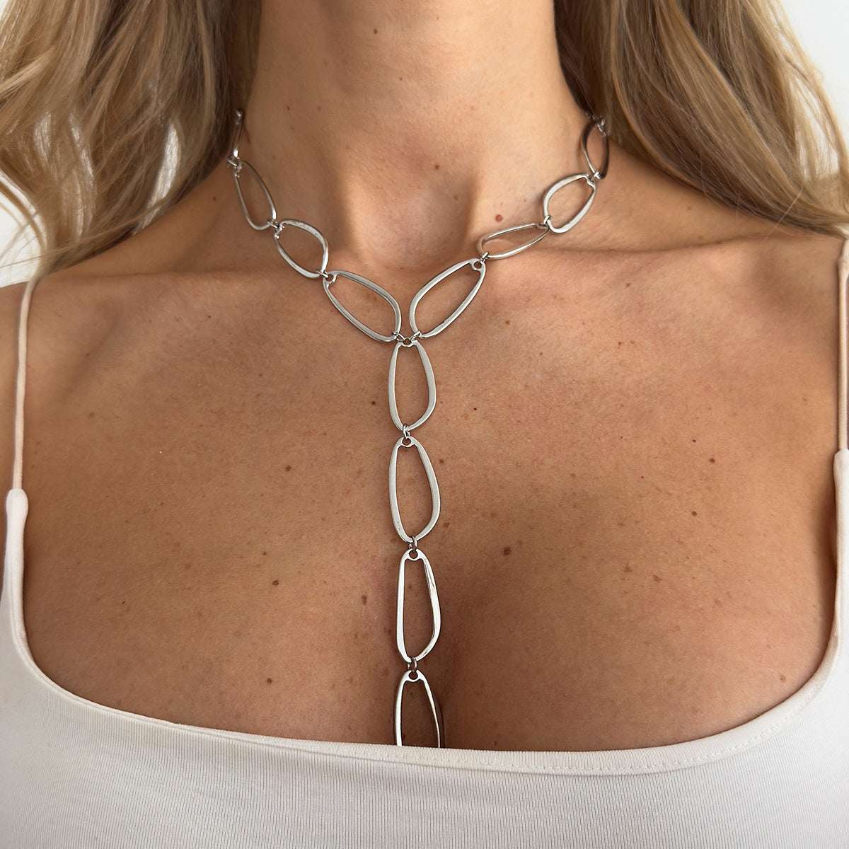 Silvertone Open Drop Lariat Chain Necklace