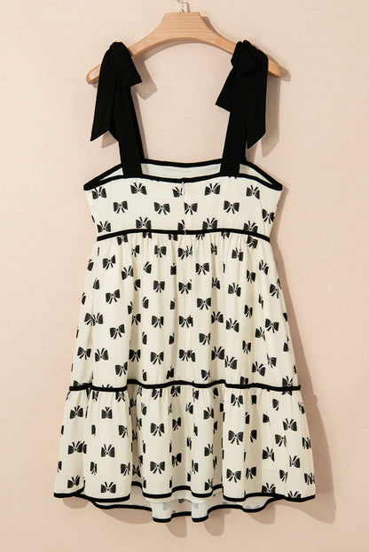 White Bow Knot Color Contrast Trim Knotted Shoulder Mini Dress