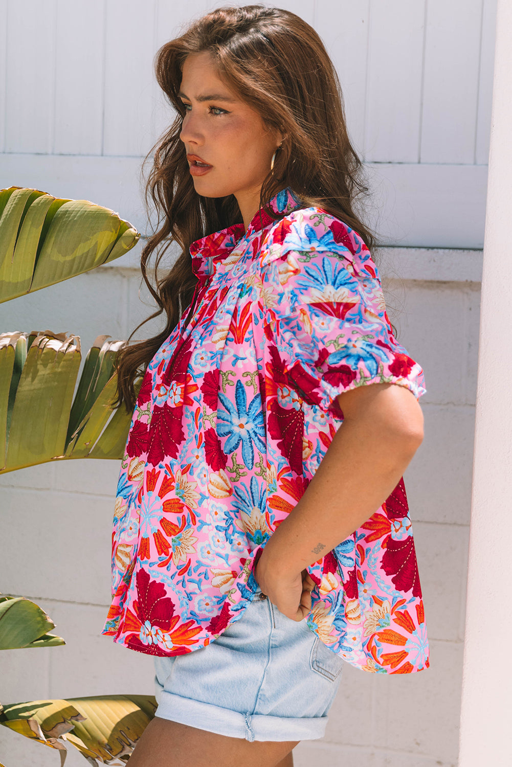 Threaded Pear Mikaela Floral Bubble Sleeve Button Up Pleated Shirt