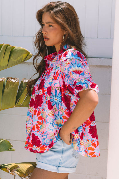 Threaded Pear Mikaela Floral Bubble Sleeve Button Up Pleated Shirt