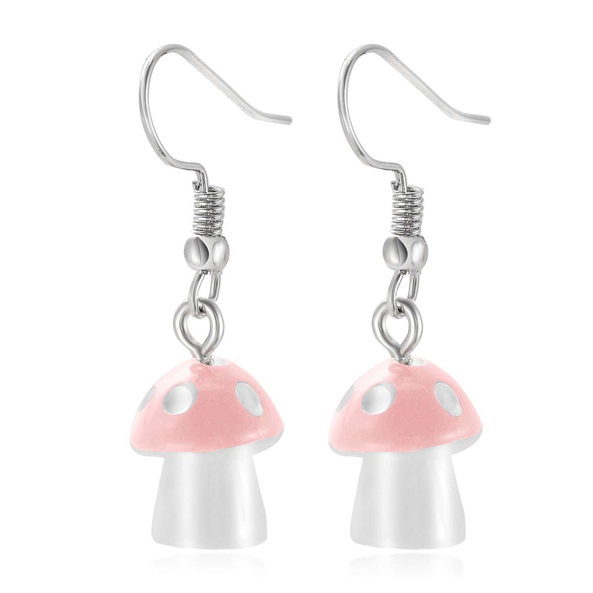 Pink Resin & Silvertone Dot Mushroom Drop Earrings