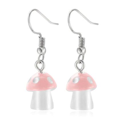Pink Resin & Silvertone Dot Mushroom Drop Earrings