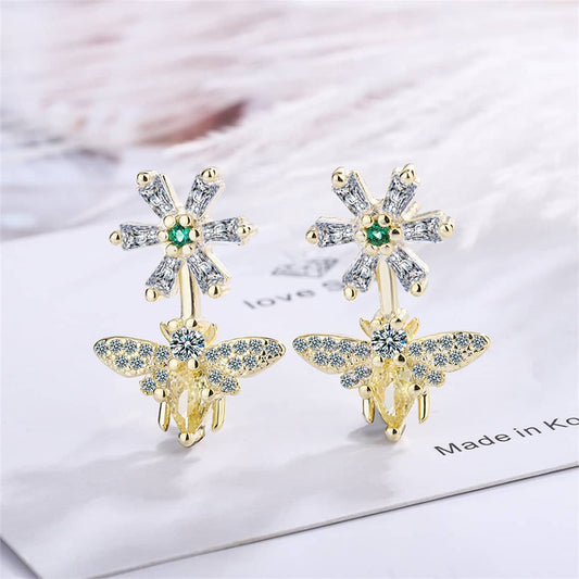 Yellow Crystal & Cubic Zirconia Goldtone Flower Bee Drop Earrings
