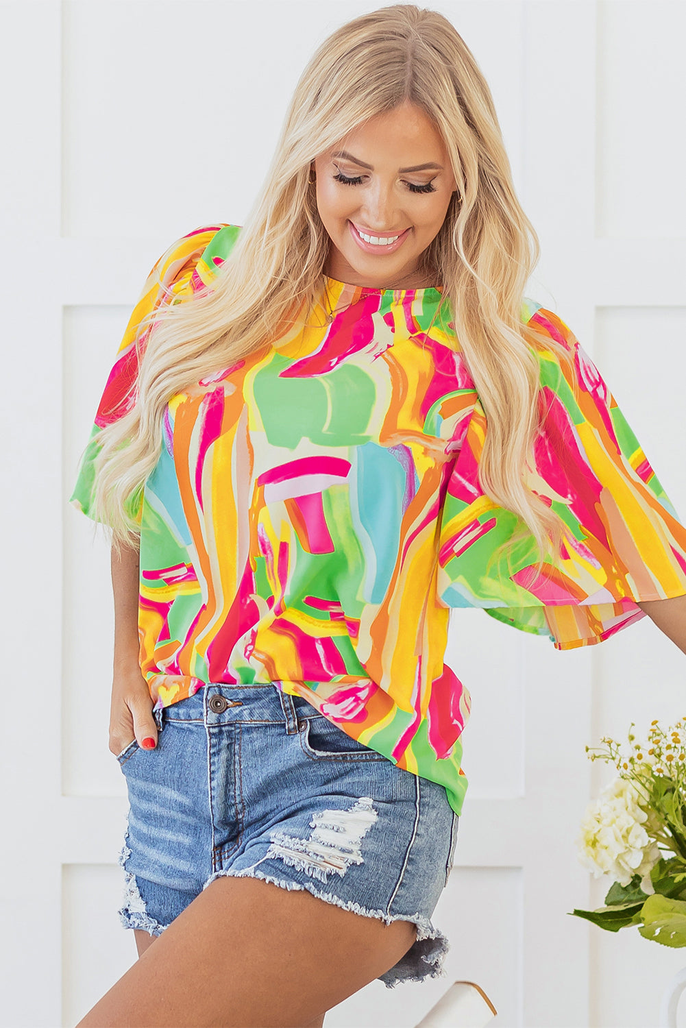 Threaded Pear Angel Abstract Half Sleeve Blouse