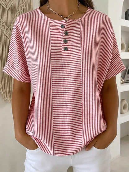 Women's Cotton Linen Striped T-Shirt – V-Neck, Button Detail, Loose Fit