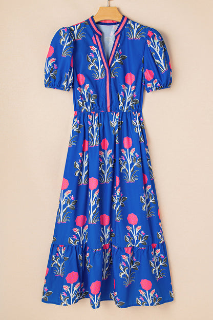Threaded Pear Julietta Floral Puff Short Sleeve V Neck High Waist Maxi Dress