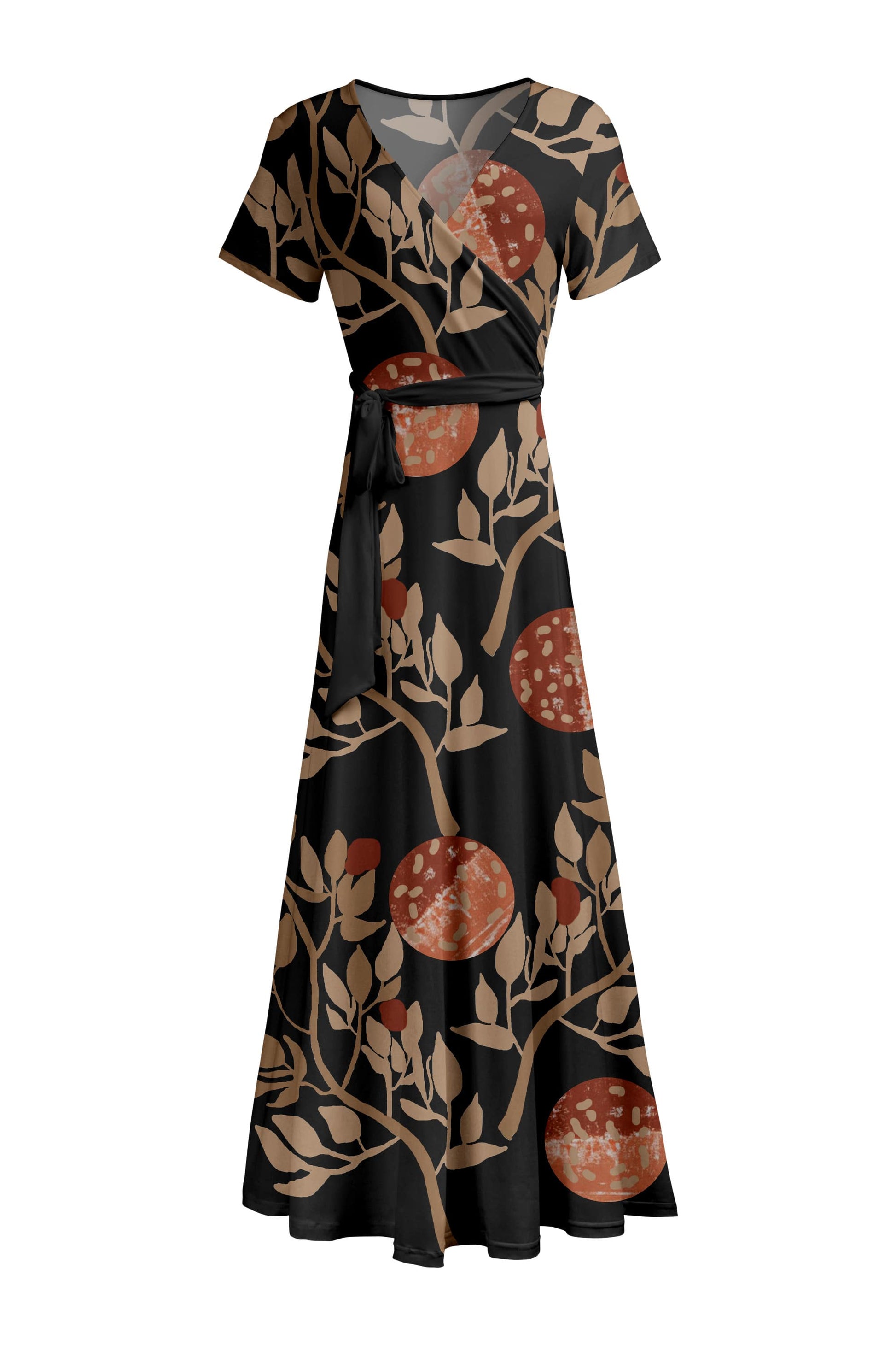 Lily by Firmiana Women's Short Sleeve Wrap-Style Maxi Dress with Tie Black & Tan Tropical Leaf Print Black & Tan Tropical Leaf Print / XS