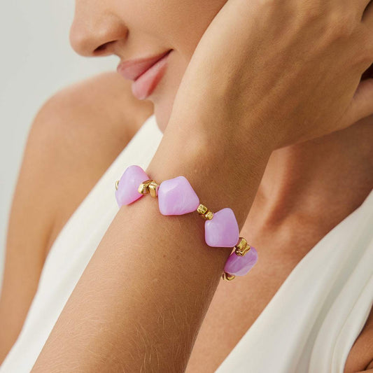 Purple Resin & Goldtone Beads Rhombus Station Stretch Bracelet