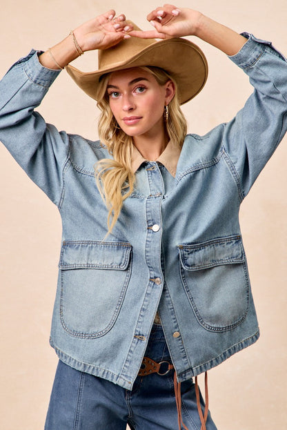 BiBi Washed Denim Contrast Collar Jacket