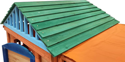 Outdoor Playhouse for Age 3-8 Years Boy Girl, Wooden Cottage Playhouse with 4 Game Awning Window, Ball Wall & Tetris. Play House for Outdoor Garden, Lawn, Patio, Yard.