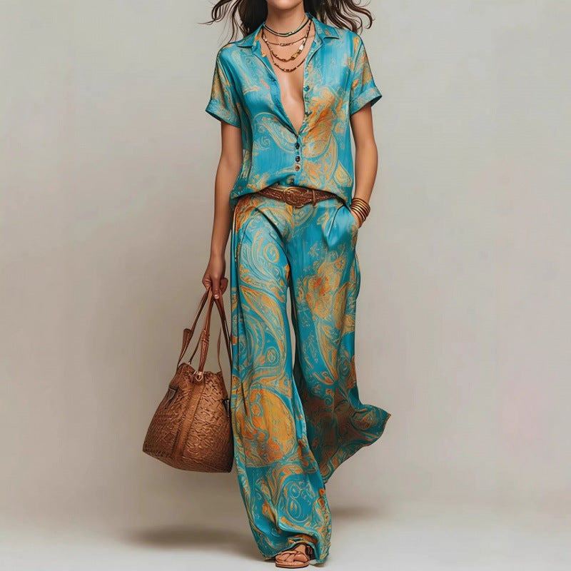 Women's Marble Swirl Print Satin-Look Short Sleeve Shirt & Wide-Leg Pants Resort Set