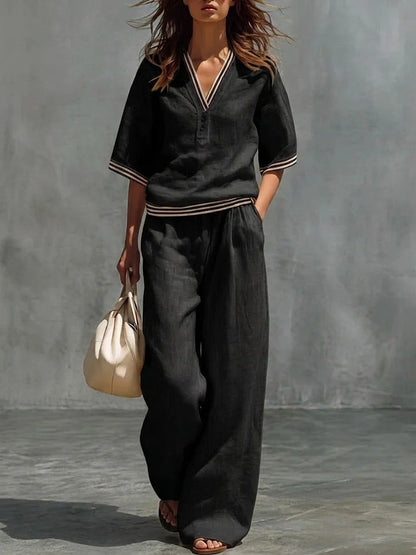 V-Neck Short-Sleeve Shirt & Pants Set – Cotton-Linen Two-Piece