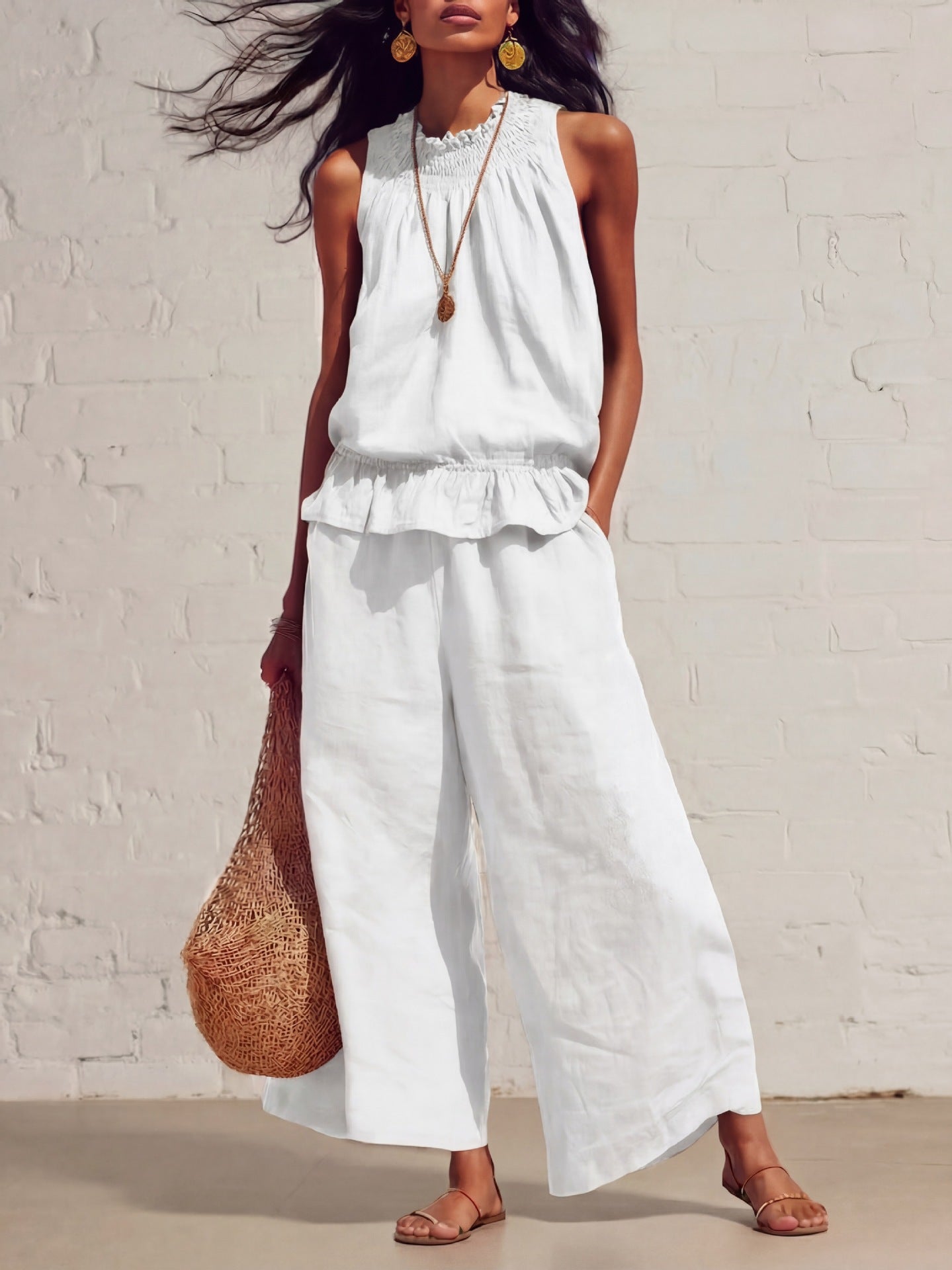 Women's Smocked Neckline Ruffle Hem Linen Tank & Wide-Leg Cropped Pants Set
