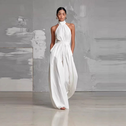 Women's Belted Pleated Jumpsuit – High-Waist Cinched Sleeveless