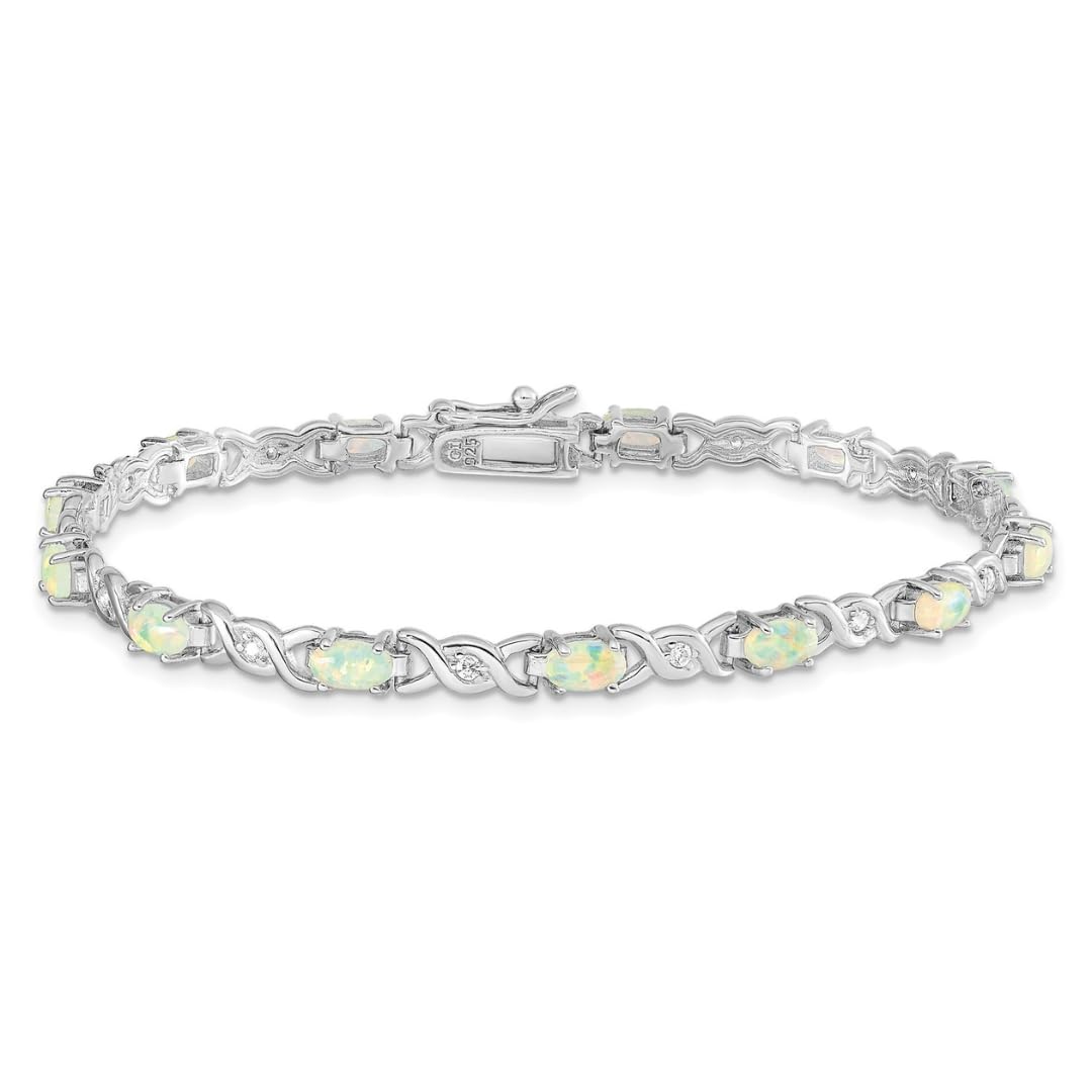 Oval White Created Opal & Diamond Prong Sterling Silver Infinity Link Bracelet