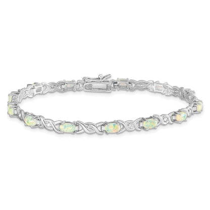 Oval White Created Opal & Diamond Prong Sterling Silver Infinity Link Bracelet