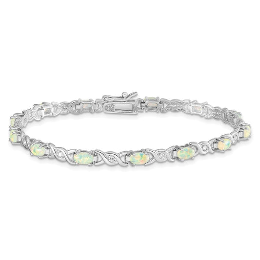 Oval White Created Opal & Diamond Prong Sterling Silver Infinity Link Bracelet