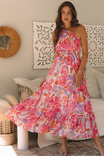 Threaded Pear Malaysia Floral Print Shirred One Shoulder Maxi Dress