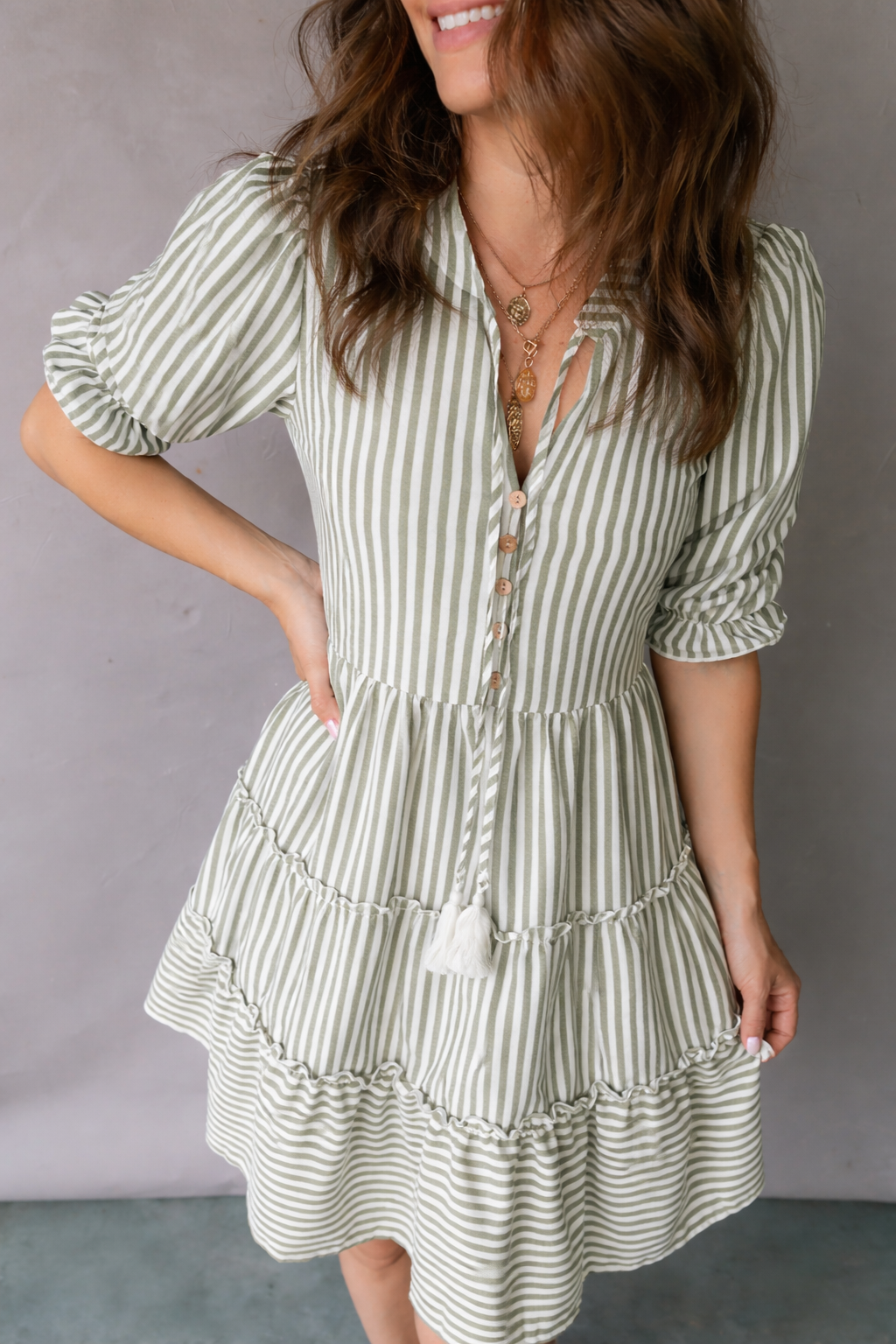 Threaded Pear Bailey Sleeve Tiered Flattering Dress