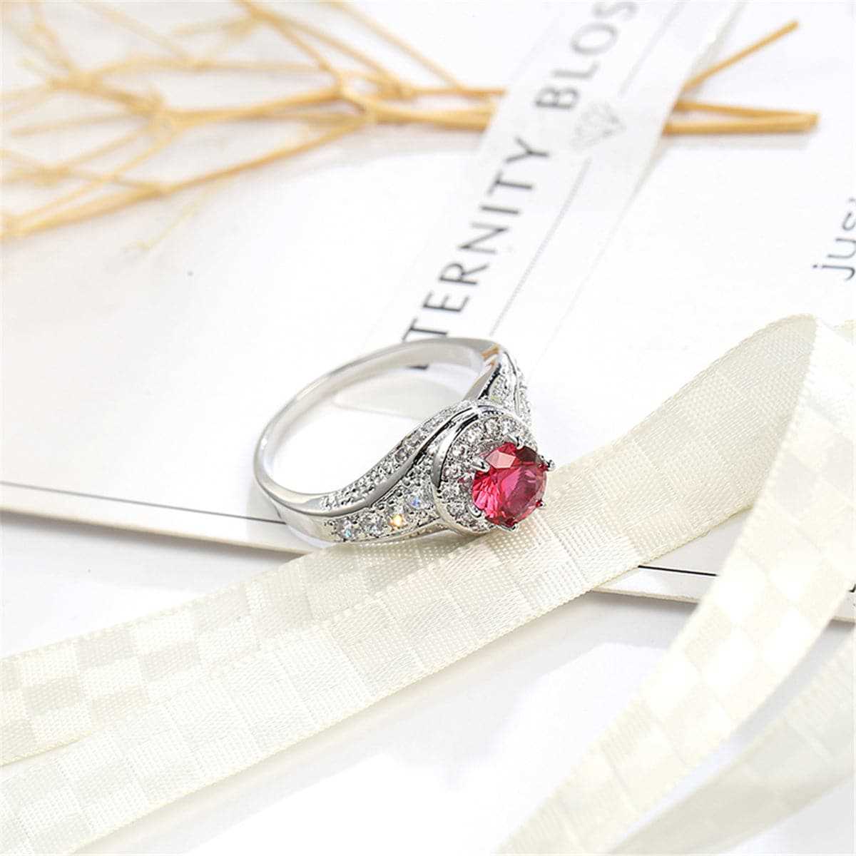 Rose Cubic Zirconia & Silvertone Round Ring