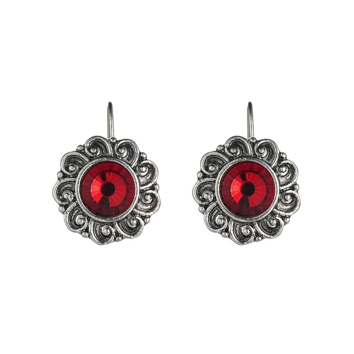 Red Crystal & Silvertone Flower Round Earrings