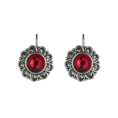Red Crystal & Silvertone Flower Round Earrings