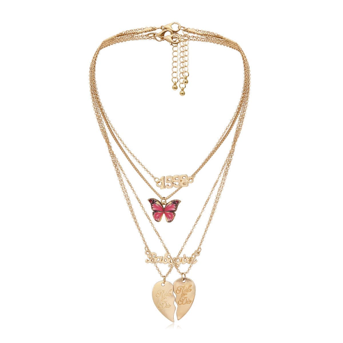 Pink Enamel & Goldtone Butterfly & Heart Pendant Necklace Set