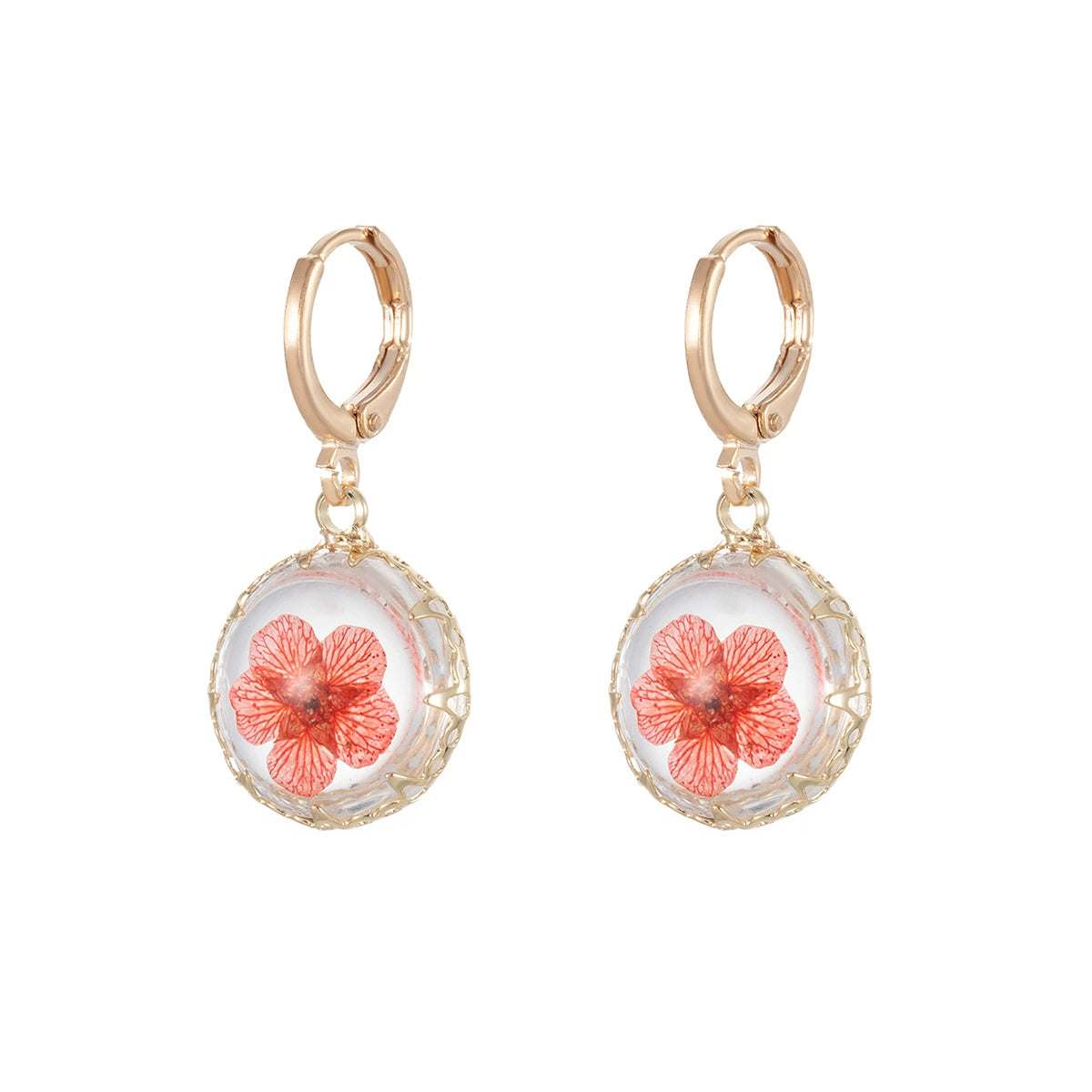 Red Pressed Flower & Goldtone Round Huggie Earrings