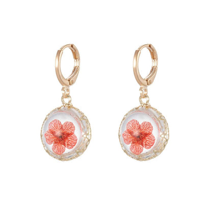 Red Pressed Flower & Goldtone Round Huggie Earrings