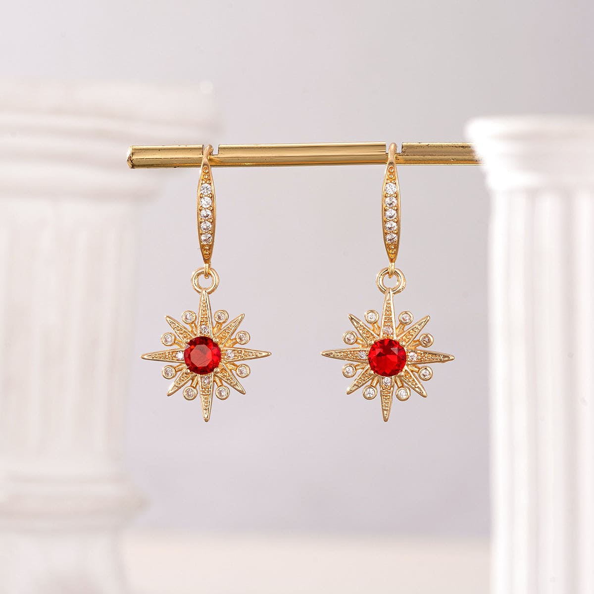 Red Crystal & Cubic Zirconia Goldtone Star Hook Earrings