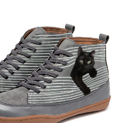 Cat Print Striped Ankle Sneakers
