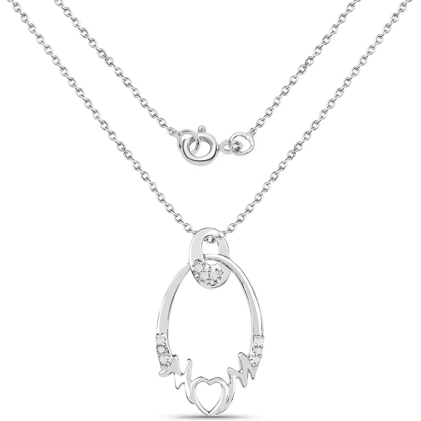 Round White Diamond Prong Silver Heart Pendant Necklace