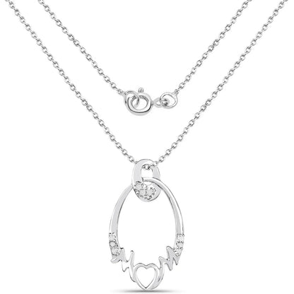 Round White Diamond Prong Silver Heart Pendant Necklace