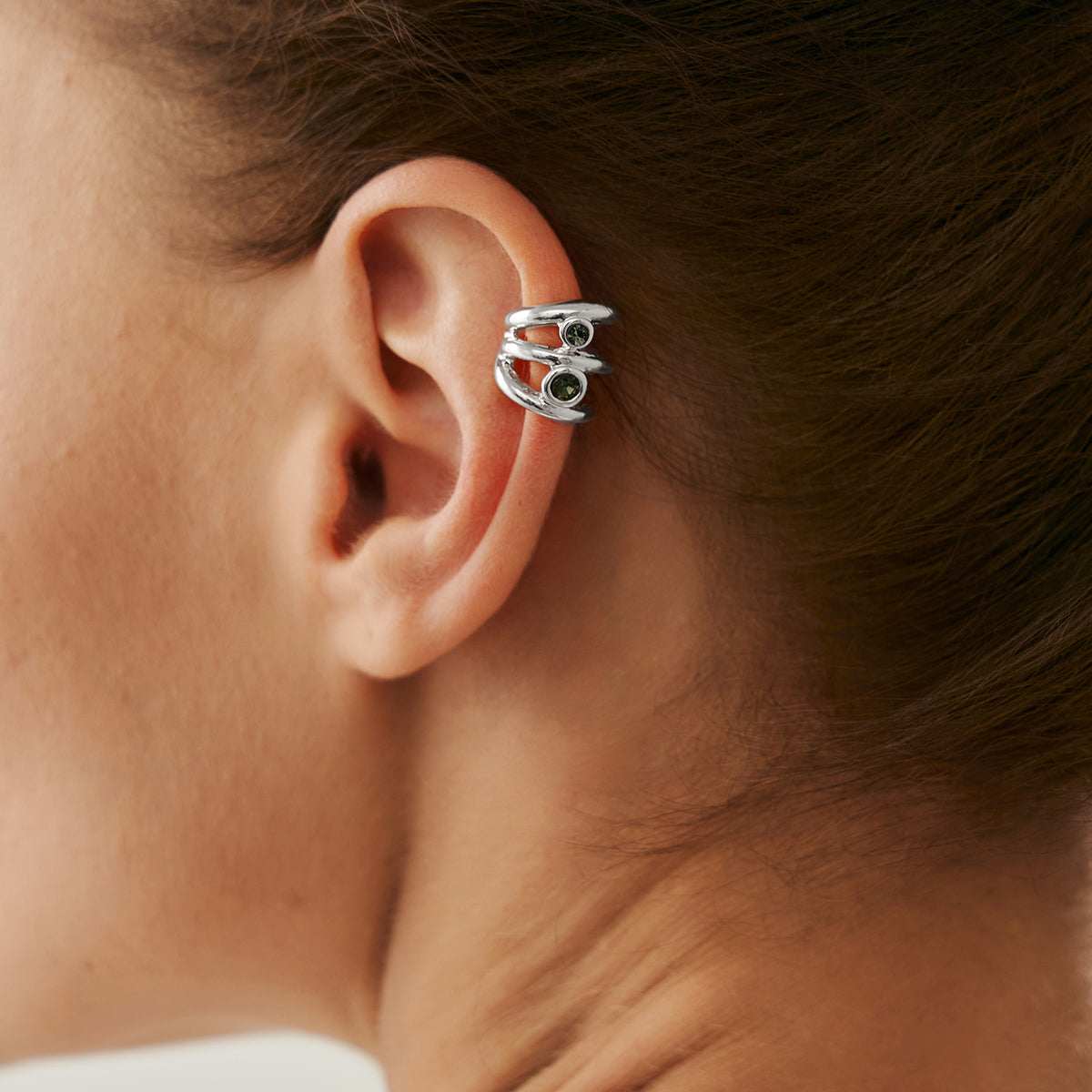 Green Cubic Zirconia & Silvertone Layered Ear Cuff