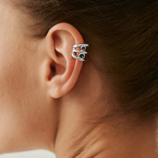Green Cubic Zirconia & Silvertone Layered Ear Cuff