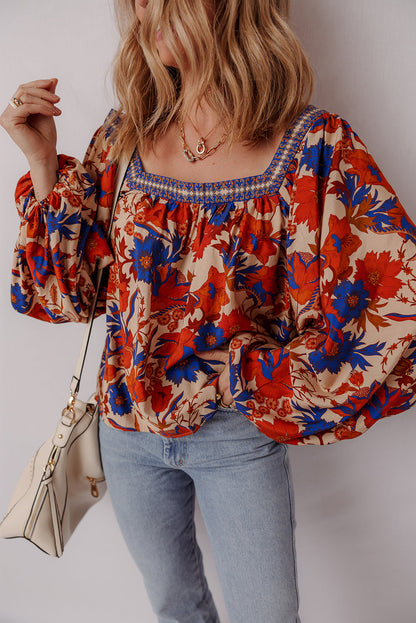 Threaded Pear Adeline Floral Print Square Neck Backless Loose Fit Blouse