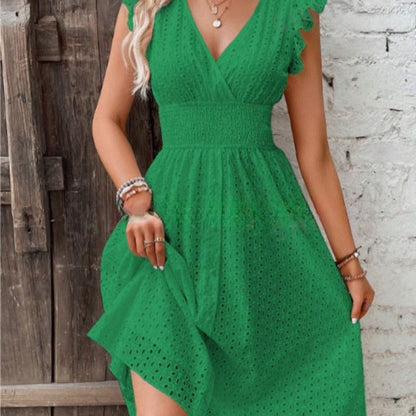 Waisted V-Neck Lace Midi Dress