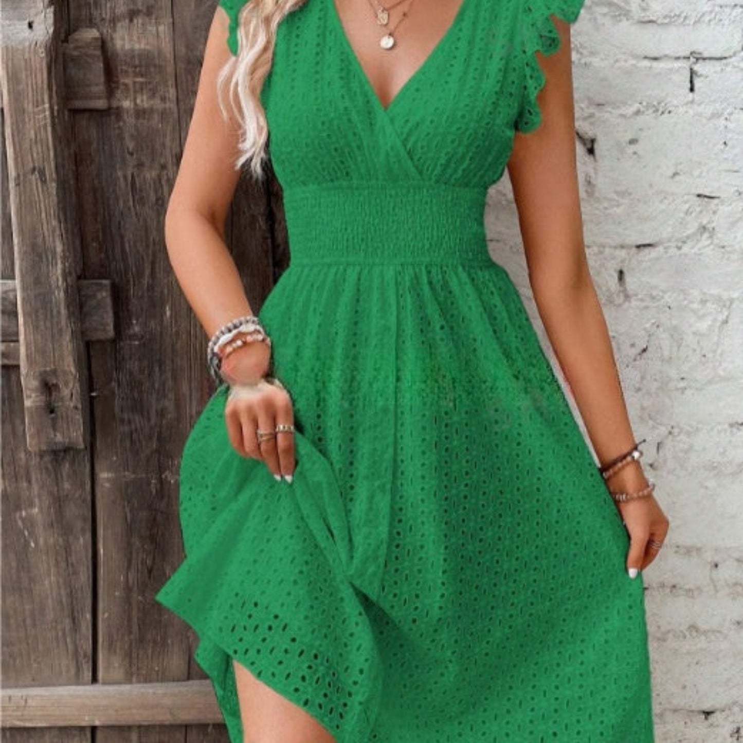 Waisted V-Neck Lace Midi Dress