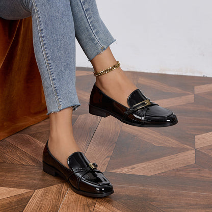 Women’s Patent Leather Square Toe Loafers | Low Heel Slip-On Flats