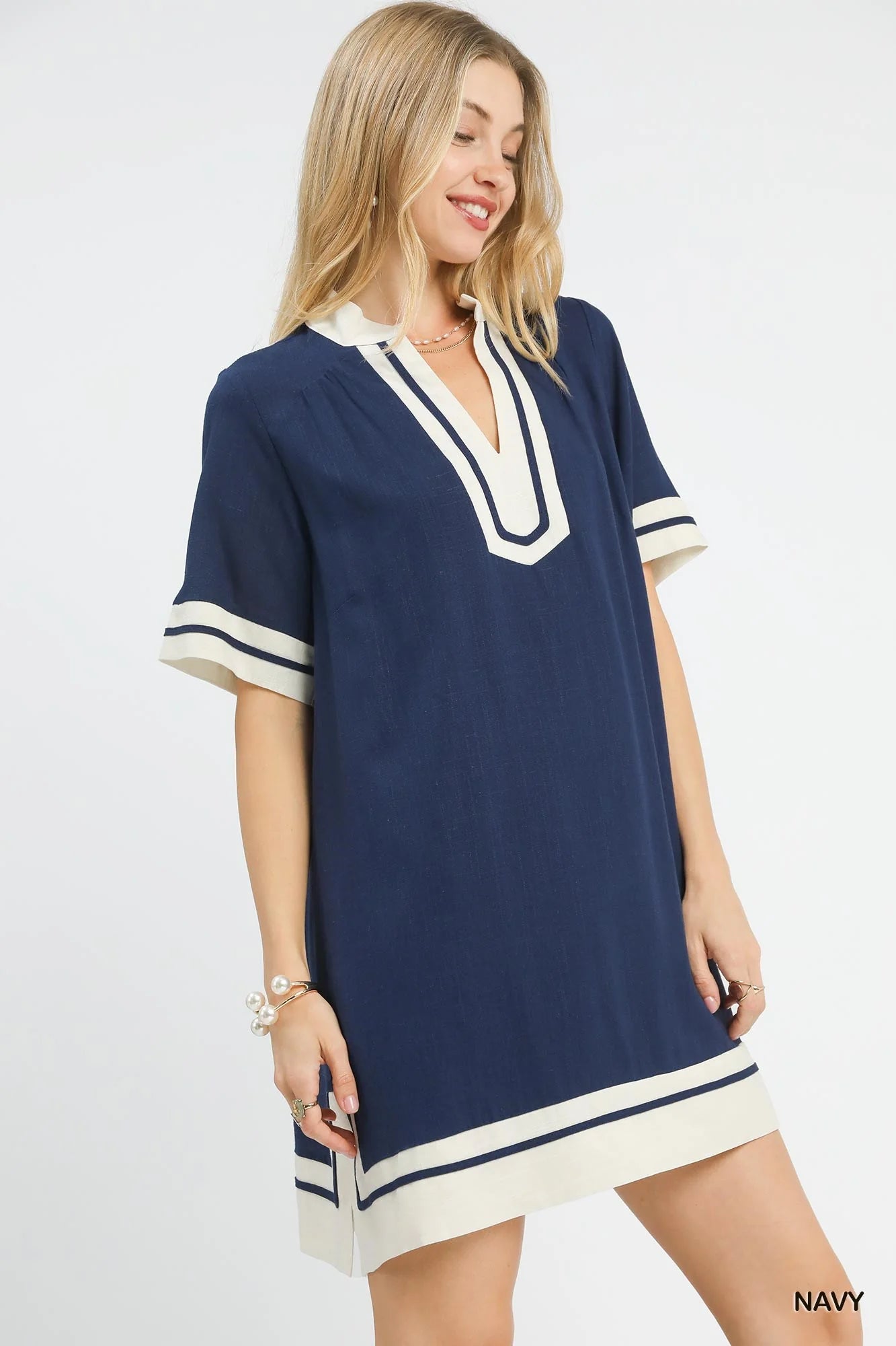 Umgee Linen Rayon Mini Dress in Navy